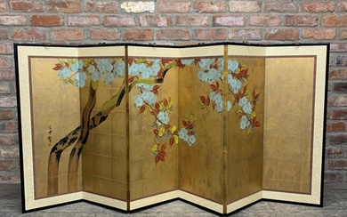 Vintage Chinese hand painted floral themed six panel folding...