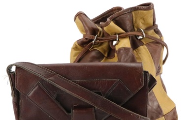 Vintage Leather Unfolding Shoulder Bag, Patchwork Fringe Hem Drawstring Bag