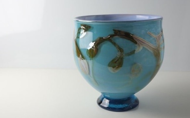 Vintage Lucy Chamberlain Art Glass Vase, blue green on white iridescent swirls