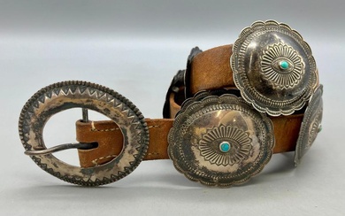 Vintage Turquoise And Sterling Silver Concho Belt