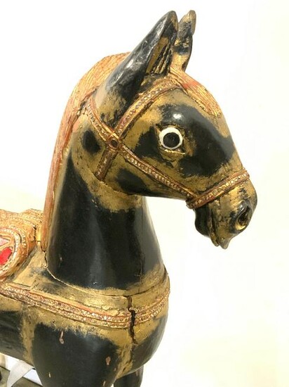 Vntg Floor Sized Bejeweled Wooden Horse Statuary