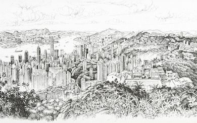 Vue de la Baie de Hong Kong, lithographie, signée Yuan Rong, datée 2003, 67,5x32 cm (sans cadre)