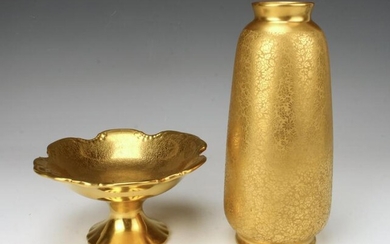 WEEPING GOLD PICKARD FOOTED COMPOTE & VASE