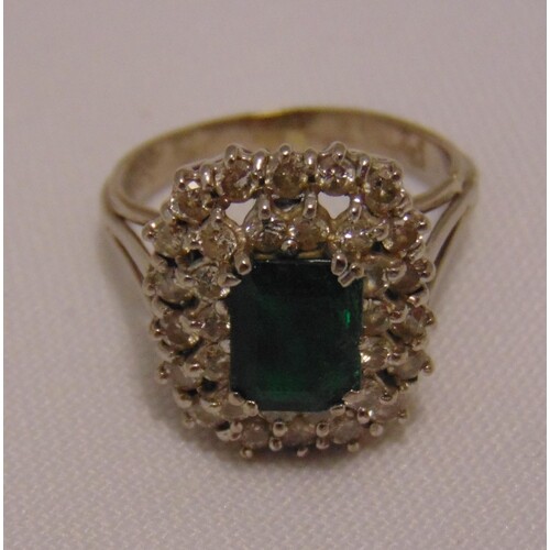 White gold diamond and emerald ring, tested 18ct, approx tot...
