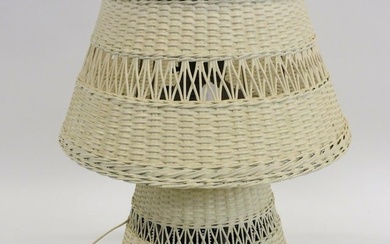 Wicker table lamp, circa 1910, old white painted