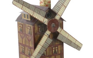 Windmill Ernst Plank, drive model 1016, around 1915-20, sheet metal hand varnish, house with mill wheel, half-timbered look, raised muntin windows, on conical wall base with imit. Window and entrance door, square base, HxWxD: approx. 25/12/12 cm...