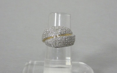 Yellow gold ring with two lines of crossed...