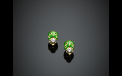 Bi-coloured gold diamond and enamel lady bug earrings, pierced...