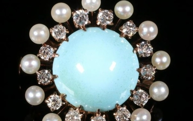 PERSIAN TURQUOISE, DIAMOND AND PEARL BROOCH