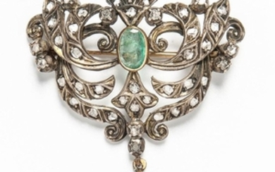 Portuguese Silver on 18kt Gold, Rose-cut Diamond, and Emerald Brooch