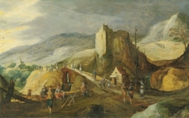 Joos de Momper II (Antwerp 1564-1635) and Sebastian Vrancx (Antwerp 1573-1647), A mountainous landscape with soldiers preparing an attack by a bridge
