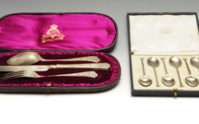 A late Victorian silver christening set, two 1920's cased set of six silver teaspoons, etc.