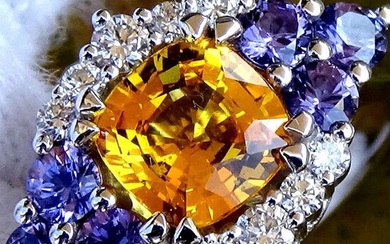 14 kt. Gold - Ring Sapphire - Ceylon Orange Yellow - Diamonds - Certified - No Reserve