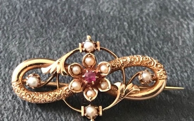 14 kt. Pink gold - Brooch Ruby - Pearl