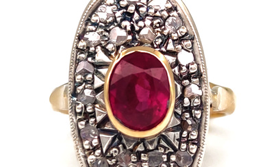 14 kt. Yellow Gold, 925 Silver - Ring - Ruby-...