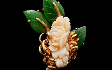 14K Yellow Gold, Carved Jade & Coral 2.5" Brooch