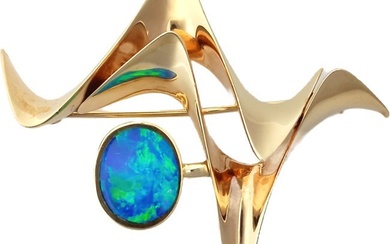 14K Yellow Gold Fine Natural Opal Mid Century Ronald Pearson Free Form Sculpture Brooch