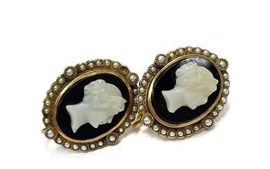 14k Gold Black Enamel Seed Pearl Cameo Earrings