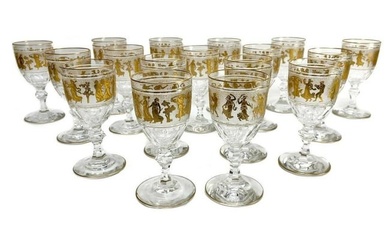 16 Val St. Lambert Frosted Glass and Gilt Wine or Water Goblets Danse de Flore