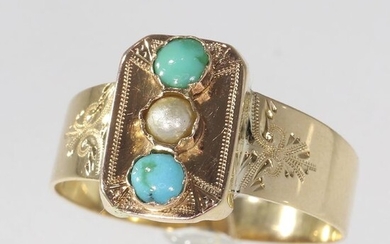 18 kt. Pink gold, Yellow gold - Ring, Antique Victorian - Anno 1890 - Engagement Ring Pearl and Turquoises