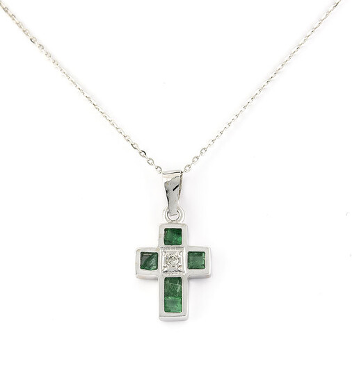 18 kt. White gold - Necklace with pendant - 0.80 ct Emerald - Diamond