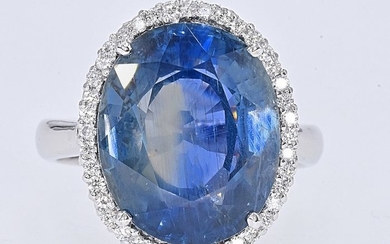 18 kt. White gold - Ring - 14.06 ct IGI Sapphire - Diamonds
