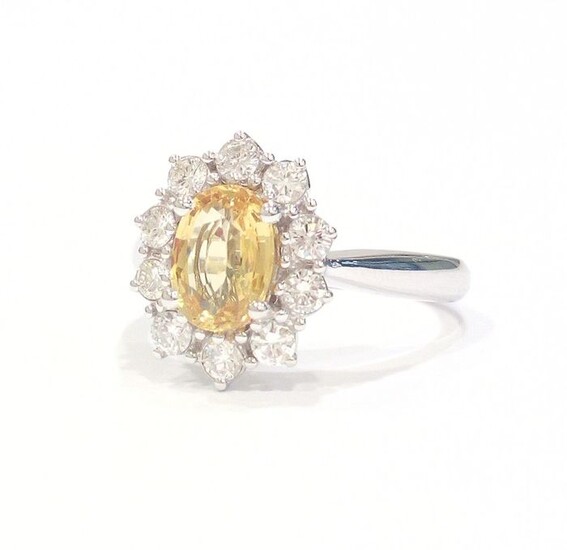 18 kt. White gold - Ring - 1.42 ct Yellow Sapphire - Diamonds