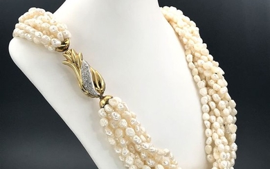 18 kt. Yellow gold, Baroque pearls - Necklace - Diamonds