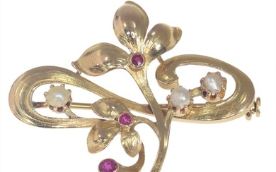 18 kt. Yellow gold - Brooch Ruby - Pearl, Vintage 1900's Art Nouveau