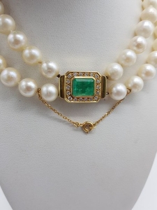 18 kt. Yellow gold - Necklace - 2.50 ct Emerald - Diamonds, Pearls
