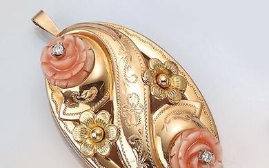 18 kt gold pendant with coral and diamonds,...