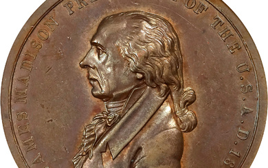 "1809" (post-1861) James Madison Indian Peace Medal. Bronze. Third Size. Julian IP-7, Prucha-40. First Reverse. AU Details--Edge Damage ...