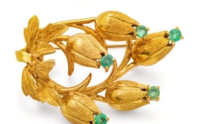 18K Yellow Gold Brooch, Green Emeralds L 1.5" 12g