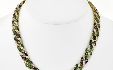 18K Yellow Gold Cuban Link Diamond Sapphire and Green Emerald Necklace