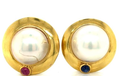 18K Yellow Gold Mabe Pearl Ruby and Sapphire Earrings