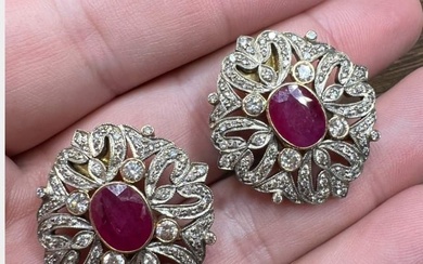 18K Yellow Gold & Silver Diamond and Ruby Earrings