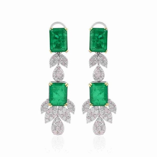 18k White Gold Dangle Earrings HI/SI Diamond Emerald