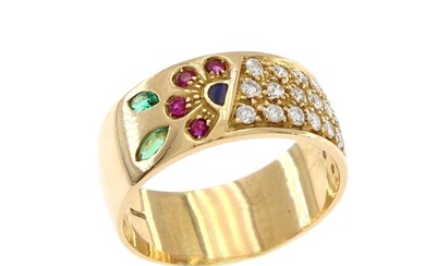 18kt yellow gold with diamonds, rubies and emeralds band ring