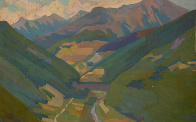 Тищенко Н.Ф. Долина в горах. 1910-е гг. Картон, темпера, 34×50 см.
