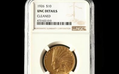 1926 $10 Indian Head Gold Eagle, NGC UNC Details - Cleaned