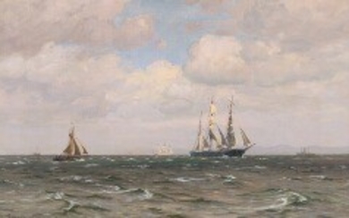 1927/107 - Vilhelm Arnesen: Marine with larger and smaller ships at sea. Signed and dated Vilh. Arnesen 1919. Oil on canvas. 45 x 72 cm.