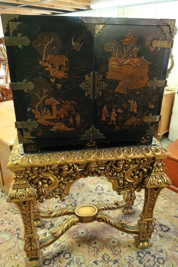 19th C Chinoiserie cabinet on stand, lift off cabinet enclos...