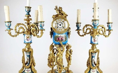 19th C. Sevres Tiffany & Co. French Porcelain & Gilt Bronze Clockset