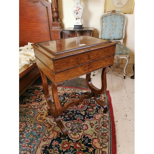 19th C. satinwood inlaid rosewood sewing table on lyre suppo...