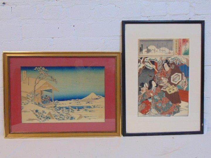 2 Japanese woodblock prints, snowy landscape with Mount