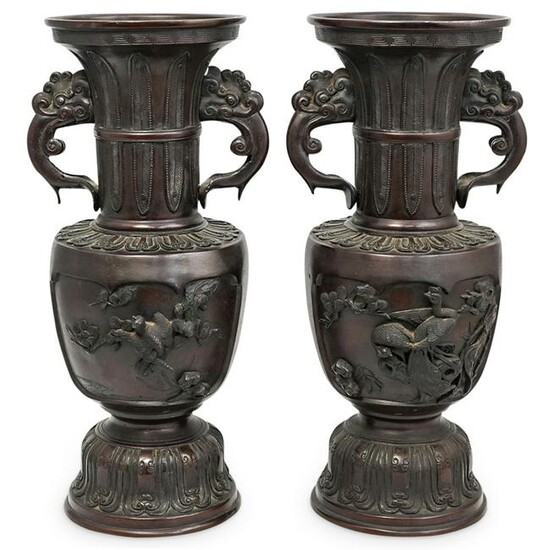 (2 Pc) Meiji Period Japanese Black Bronze Vases