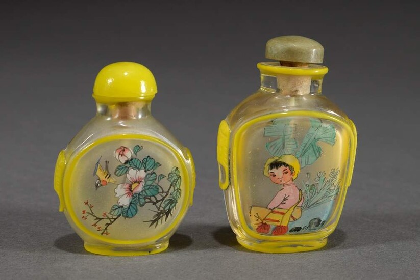 2 Various modern Peking glass snuffbottles with polychrome interior glass painting and yellow overlay, 20th c., h. 5/6cm