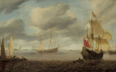 Jan Borritsz. Smit (Amsterdam 1598-1644 or earlier), Frigates and other vessels in an estuary with figures on a jetty