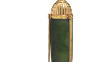 A TWO-COLOUR GOLD-MOUNTED NEPHRITE TABLE LIGHTER, MARKED FABERGÉ, WITH THE WORKMASTER'S MARK OF MICHAEL PERCHIN, ST PETERSBURG, 1899-1903, SCRATCHED INVENTORY NUMBER 4834
