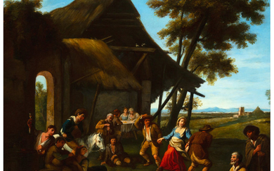21007: French School (18th Century) A country dance Oil